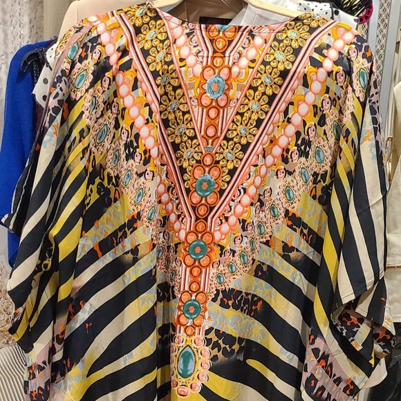 Sante Classics Kaftan Maxi Dress Tiger stripre animal /pearl print V Neck OS NEW - Picture 3 of 7